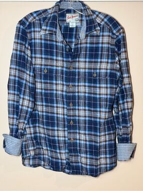 GAP Plaid Cotton Button-Up in Navy, Light Blue & Brown